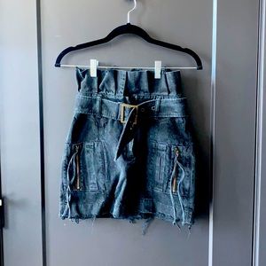 Black denim paperbag waist mini skirt